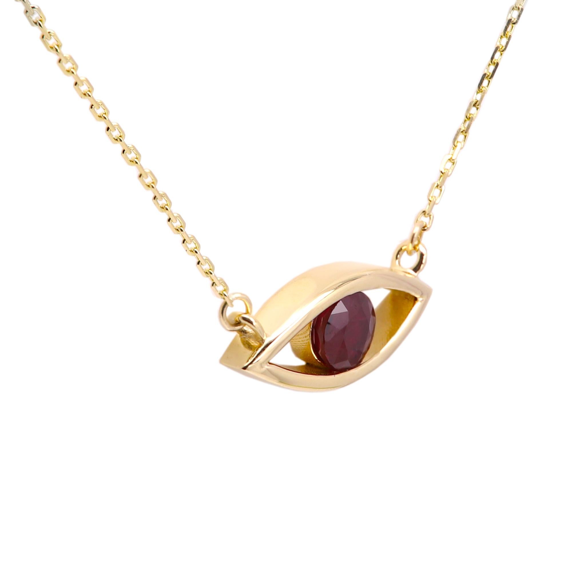 Evil Eye 14 Karat Personal Birthstone July Birthstone Red Gemstone Ruby Necklace (Collana in rubino) in vendita 3
