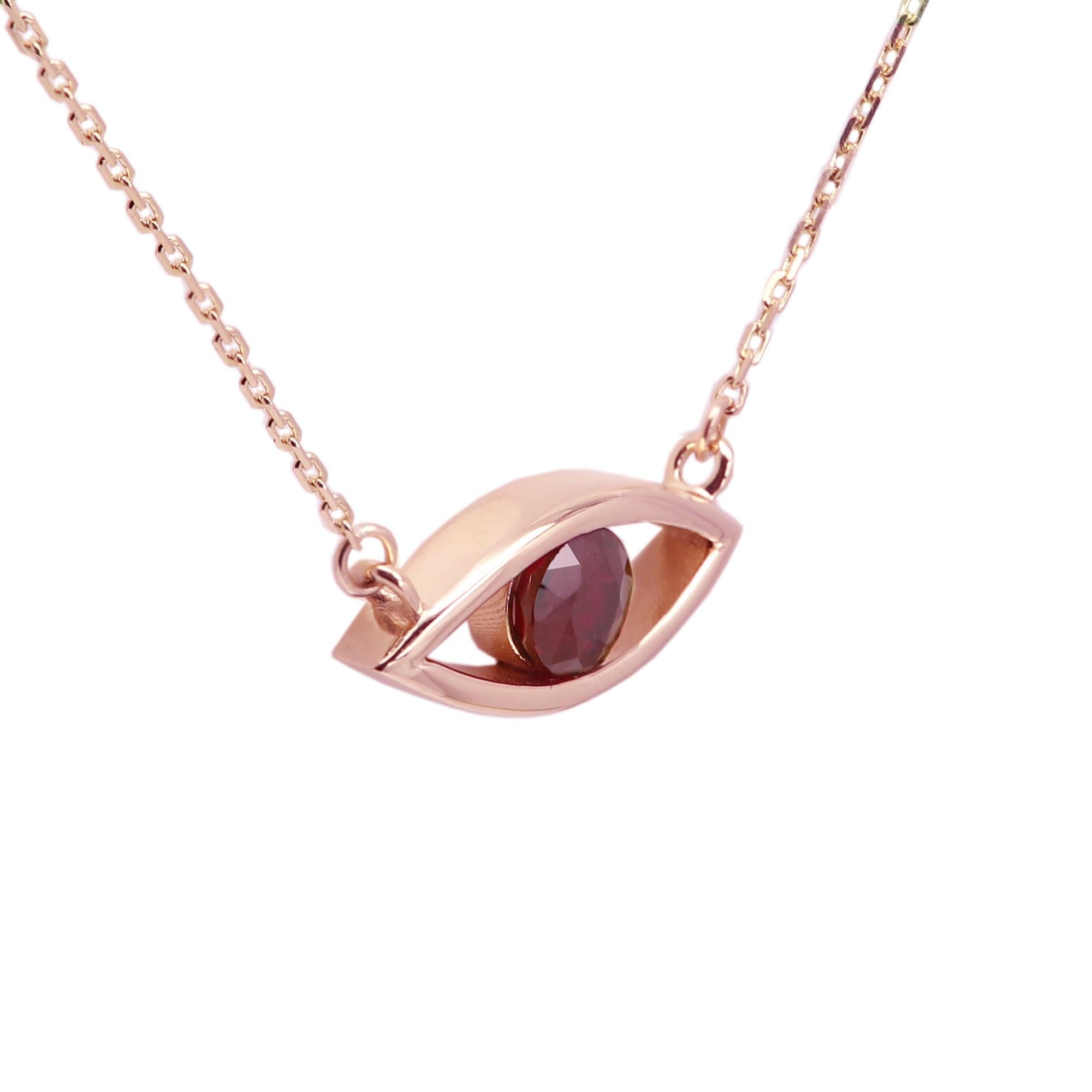 Evil Eye 14 Karat Personal Birthstone July Birthstone Red Gemstone Ruby Necklace (Collana in rubino) in vendita 4