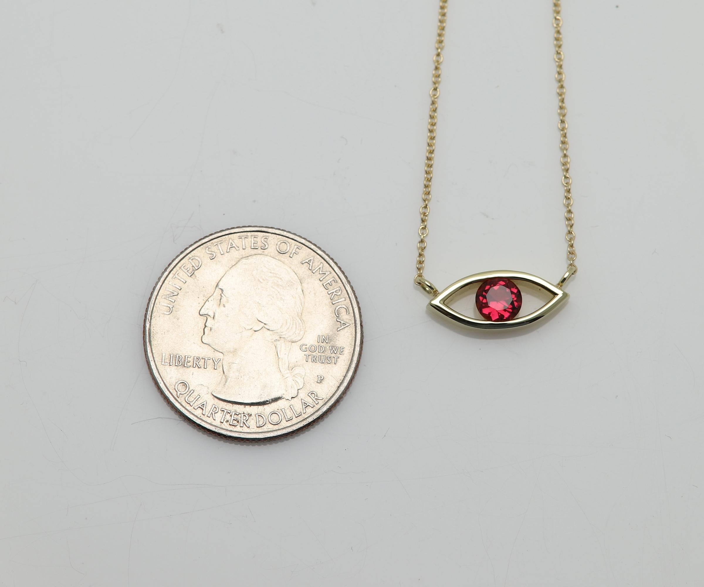 New, VERY ELEGANT  Solid 18k Yellow Gold with Natural Red Rubellite gemstone (from the tourmaline family)
Set in Yellow Gold Evil Eye Design - Good Luck / Protection !

Classic Cable Chain and Lobster Lock - all 18k, 
Chain Length total is 16.5'