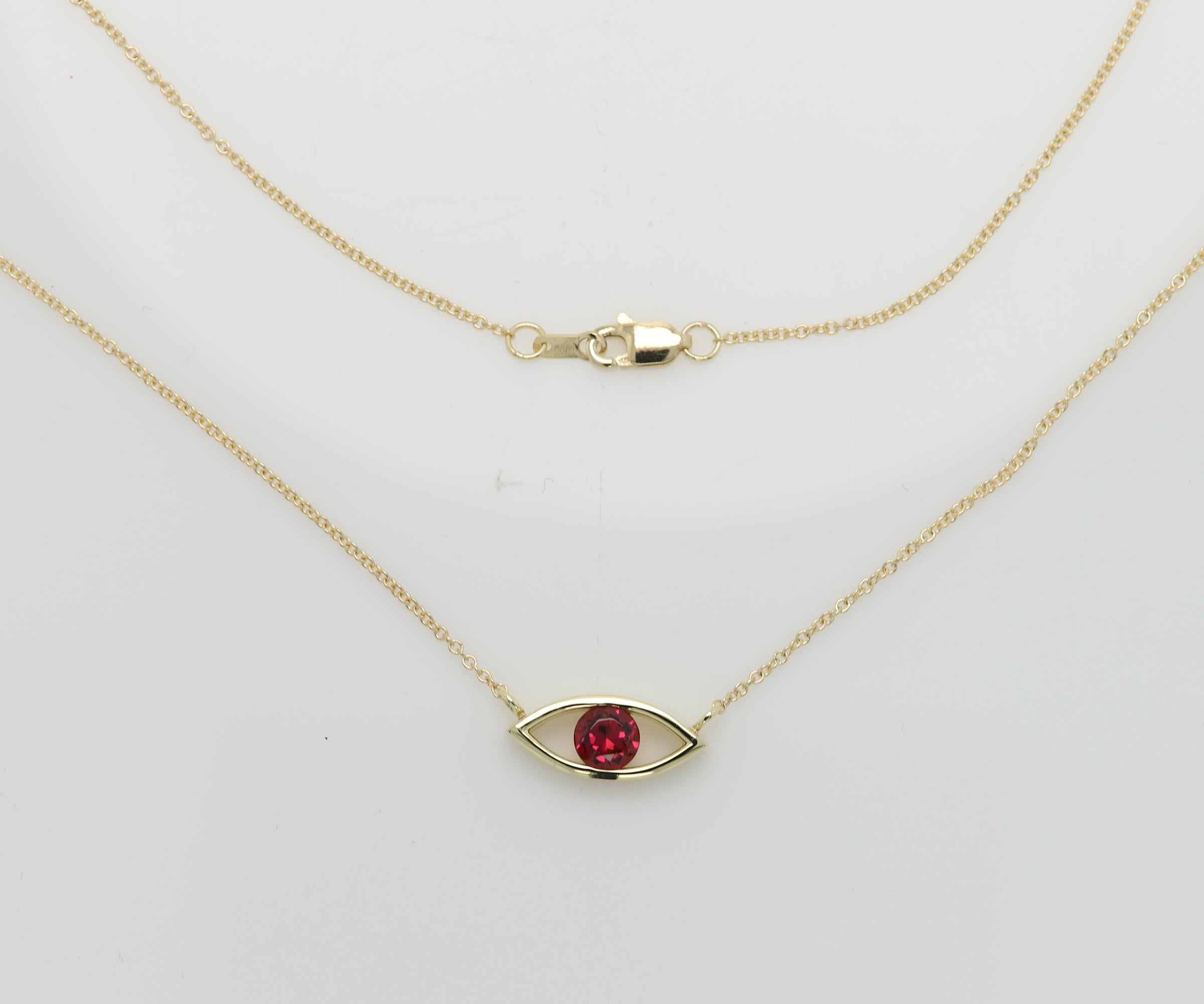 Evil Eye 18 Karat Yellow Gold Red Rubellite Gemstone Good Luck Red Pendant In New Condition For Sale In Brooklyn, NY