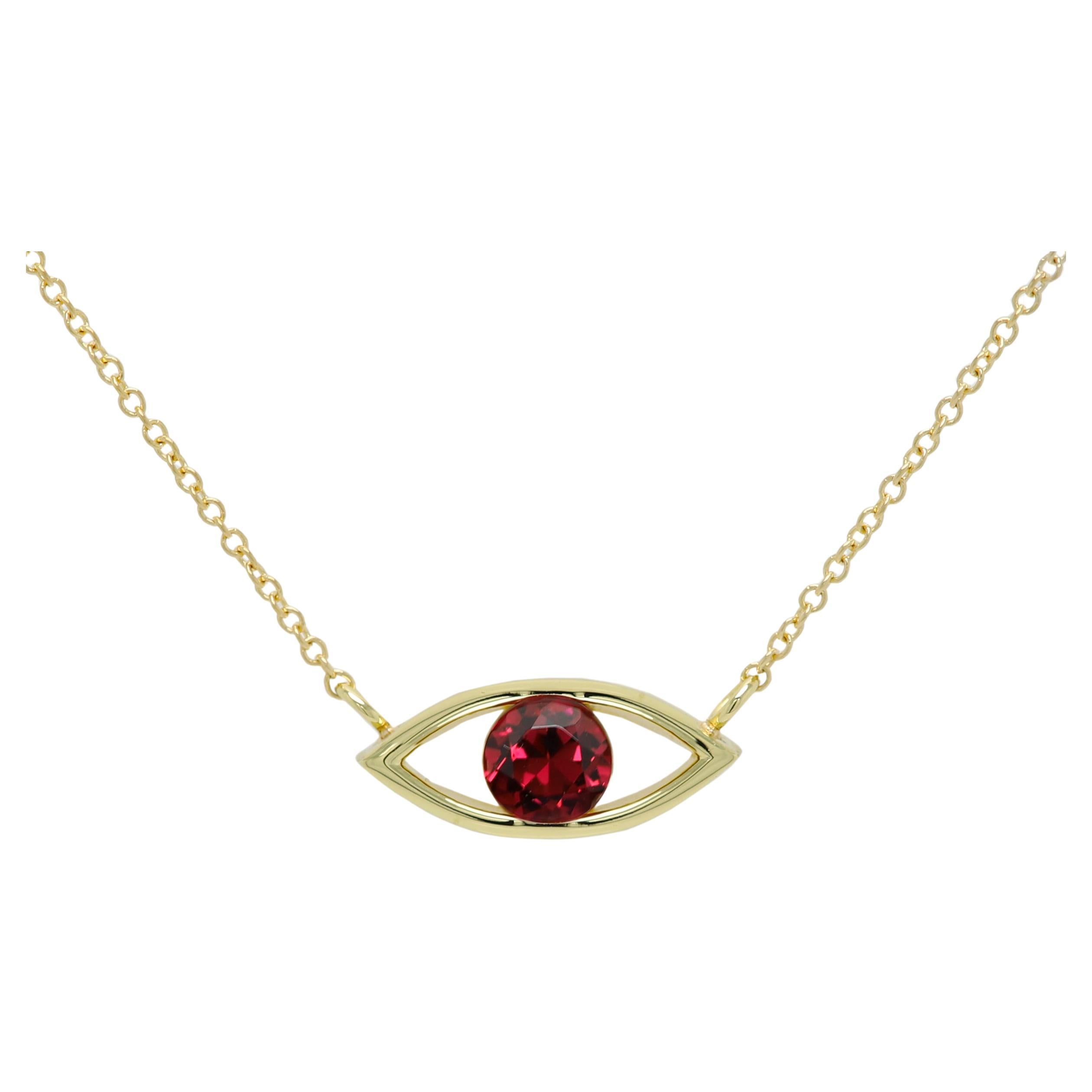 Evil Eye 18 Karat Yellow Gold Red Rubellite Gemstone Good Luck Red Pendant