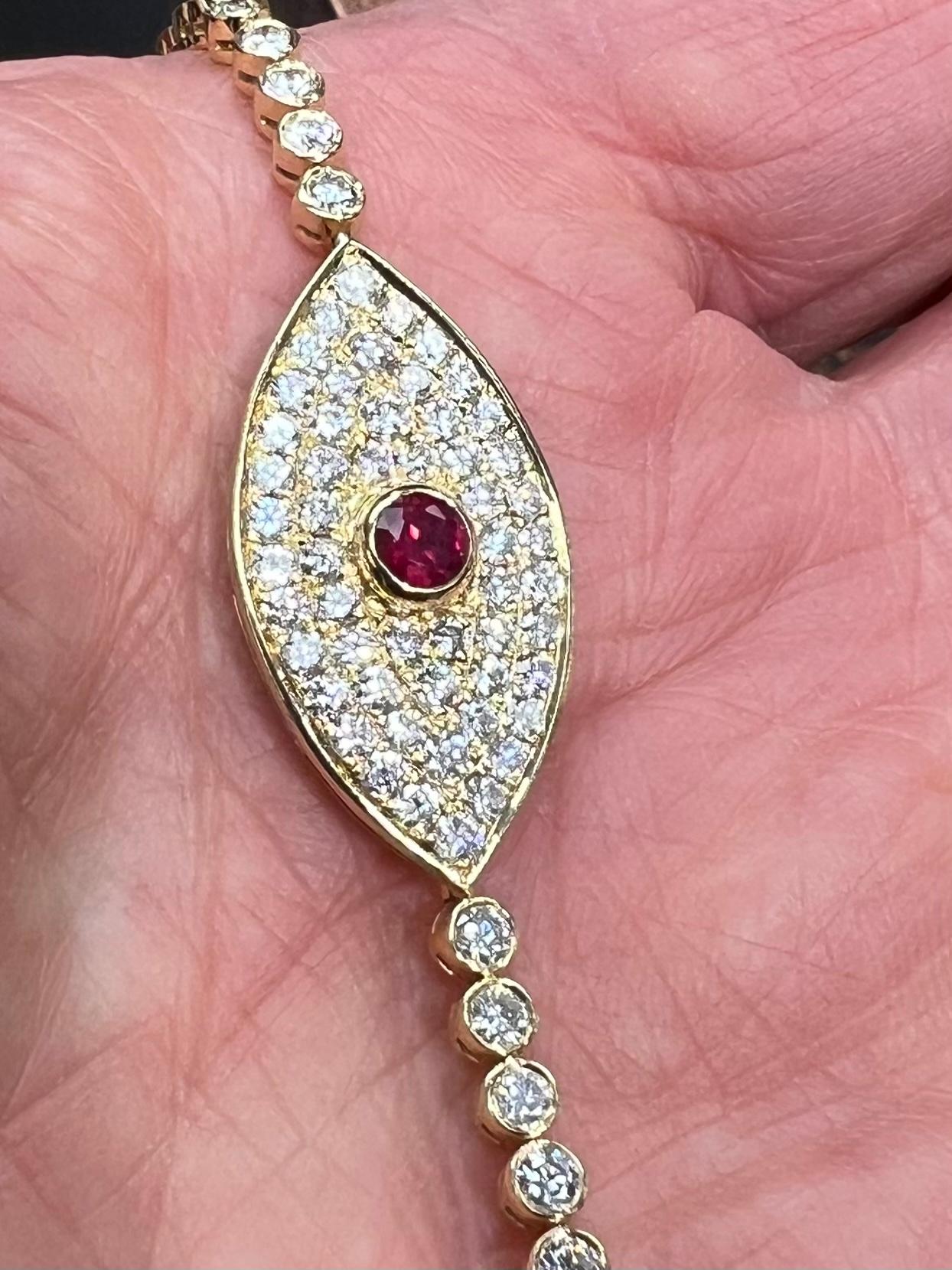 Round Cut Evil Eye Amulet Diamond Ruby Yellow Gold Bracelet