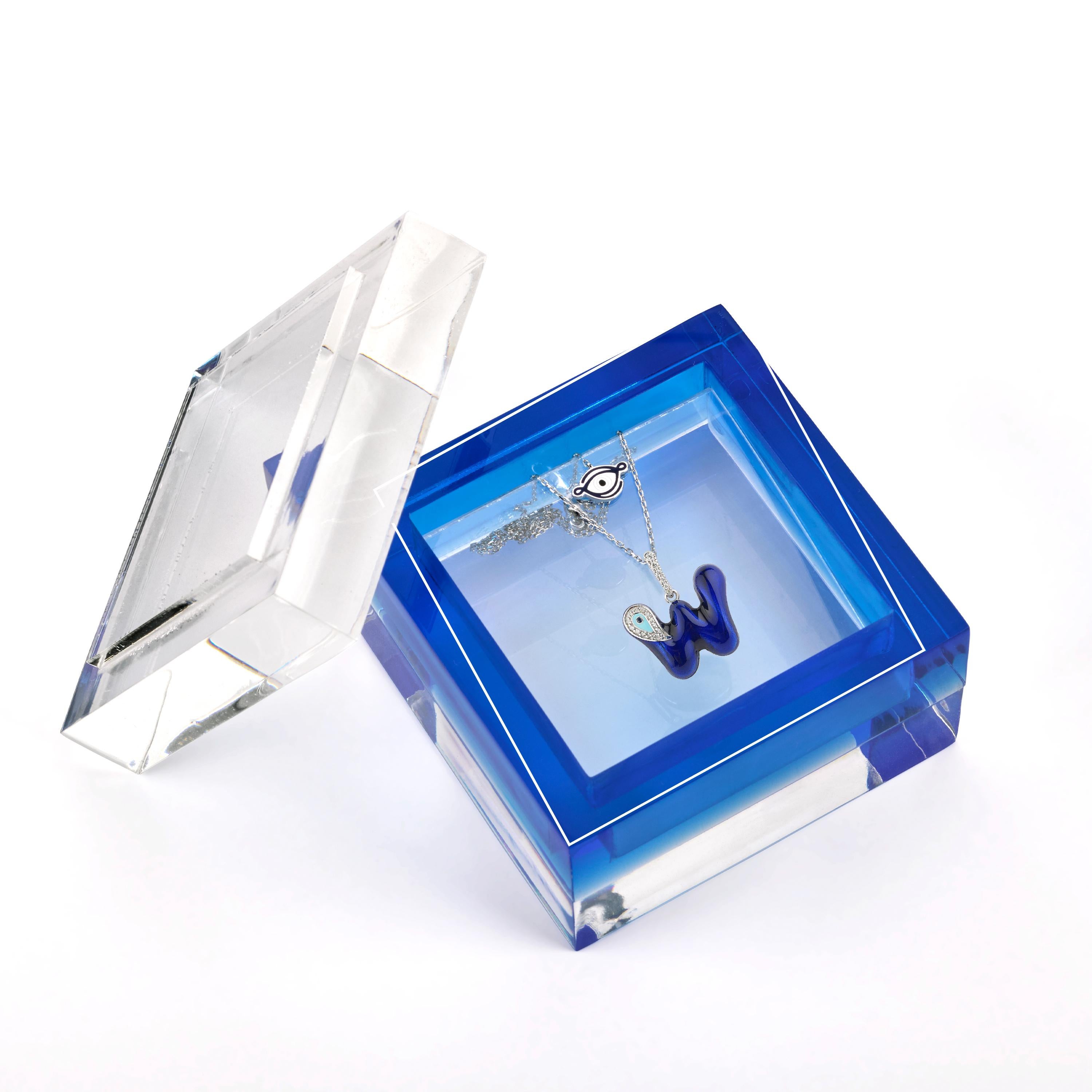 Artisan Evil Eye Amulet W Letter Charm Necklace, 14K White Gold Diamond Enamel Jewelry For Sale