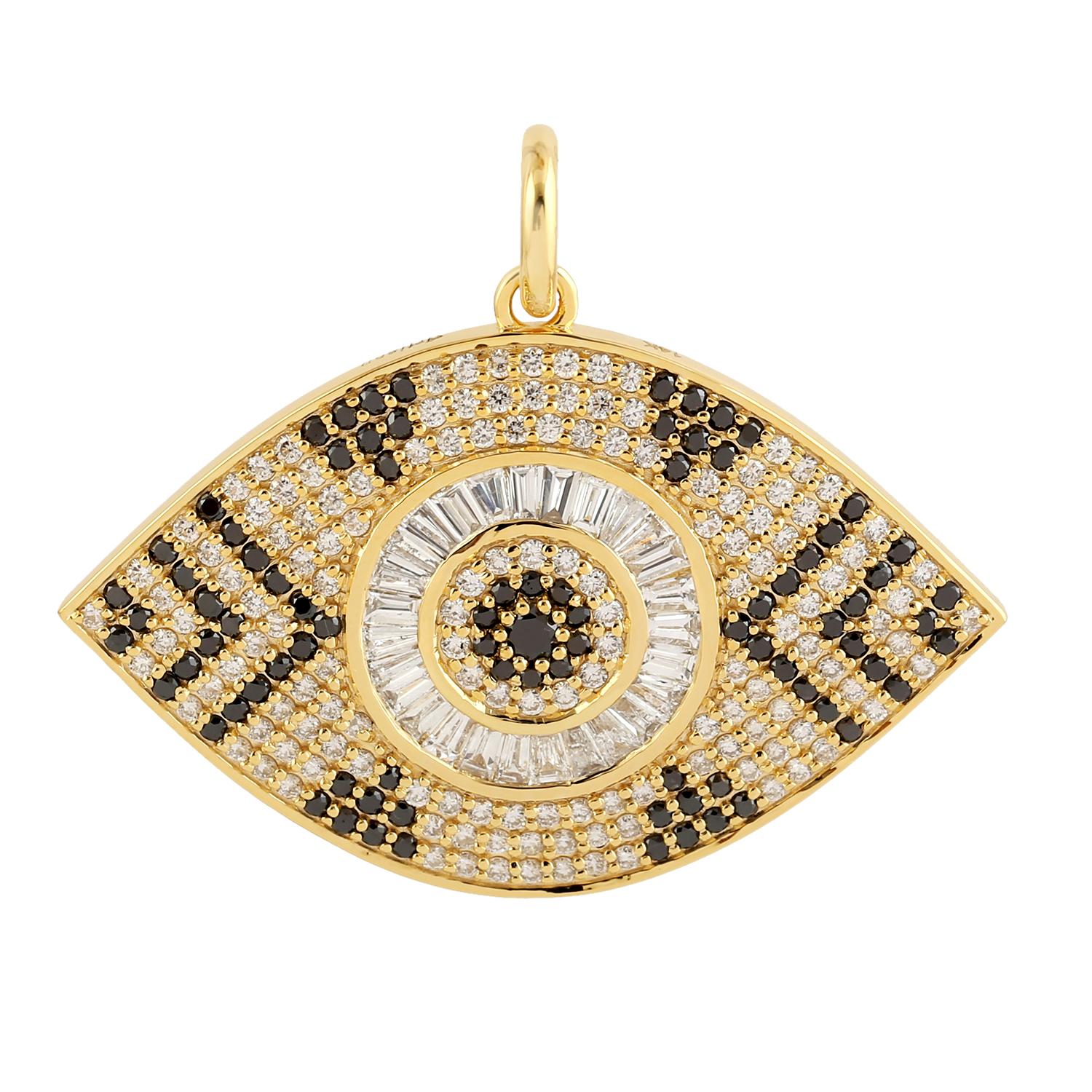 Modern Evil Eye Black and White Diamond 14 Karat Gold Chevron Pendant Necklace For Sale
