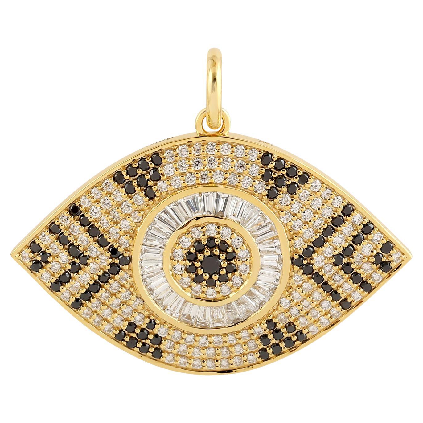 Evil Eye Black and White Diamond 14 Karat Gold Chevron Pendant Necklace For Sale