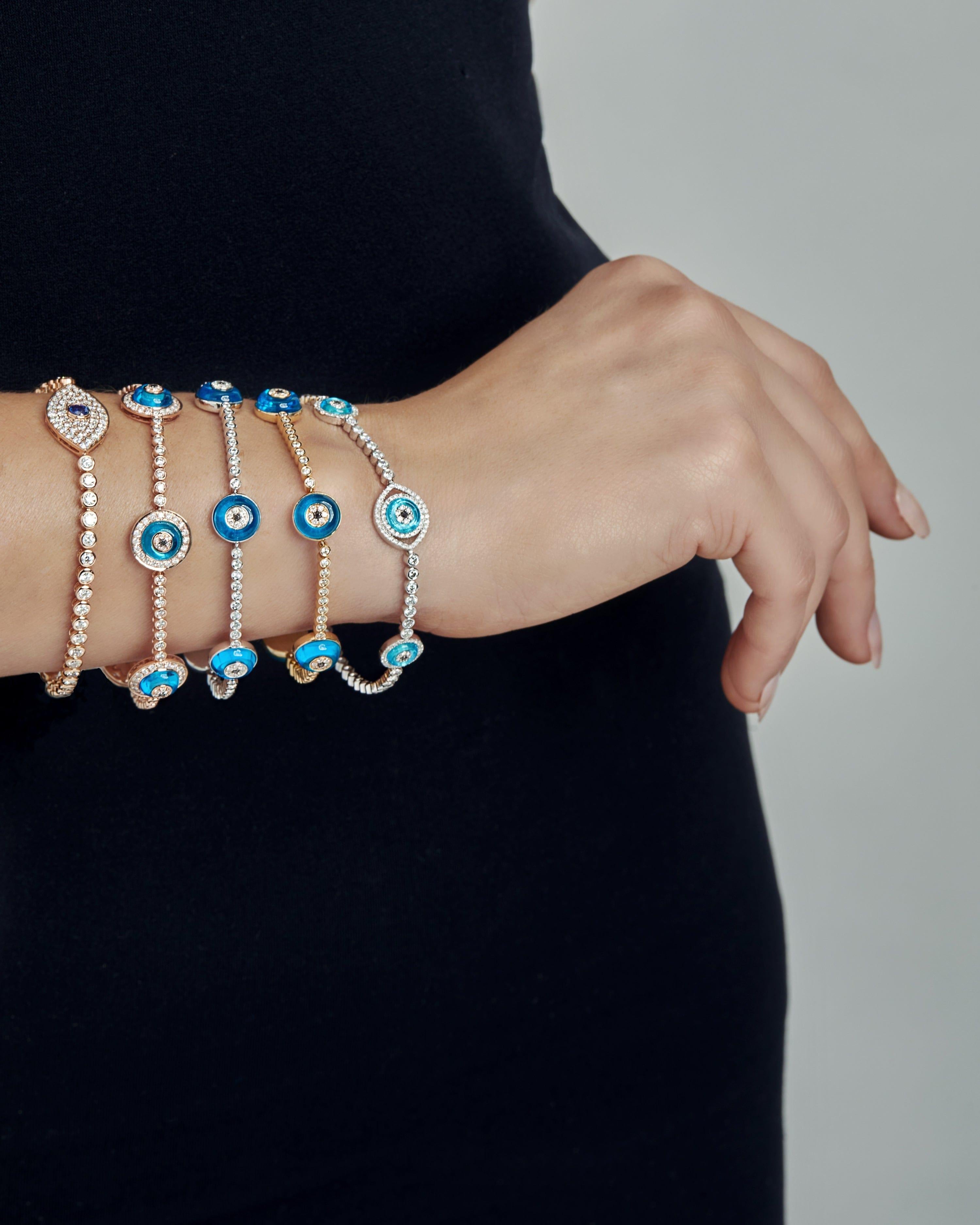 Contemporary Evil Eye Blue Quartz and Diamond Halo White Gold Bracelet For Sale
