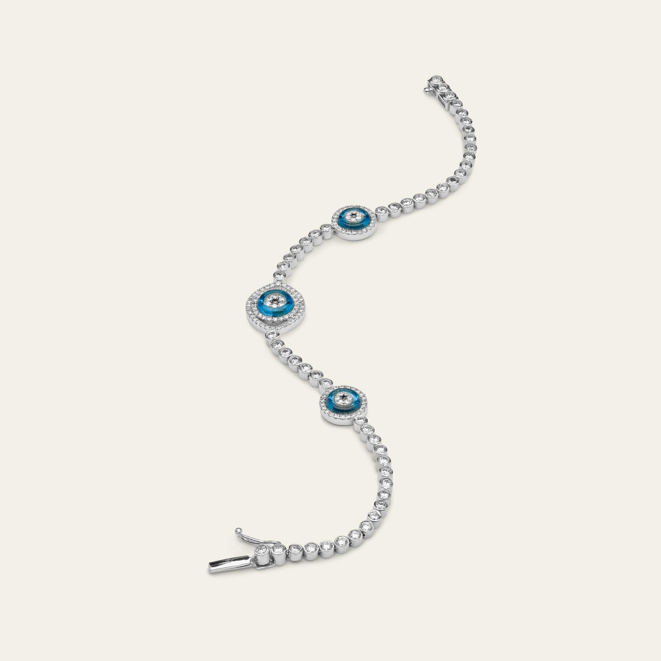Round Cut Evil Eye Blue Quartz and Diamond Halo White Gold Bracelet For Sale