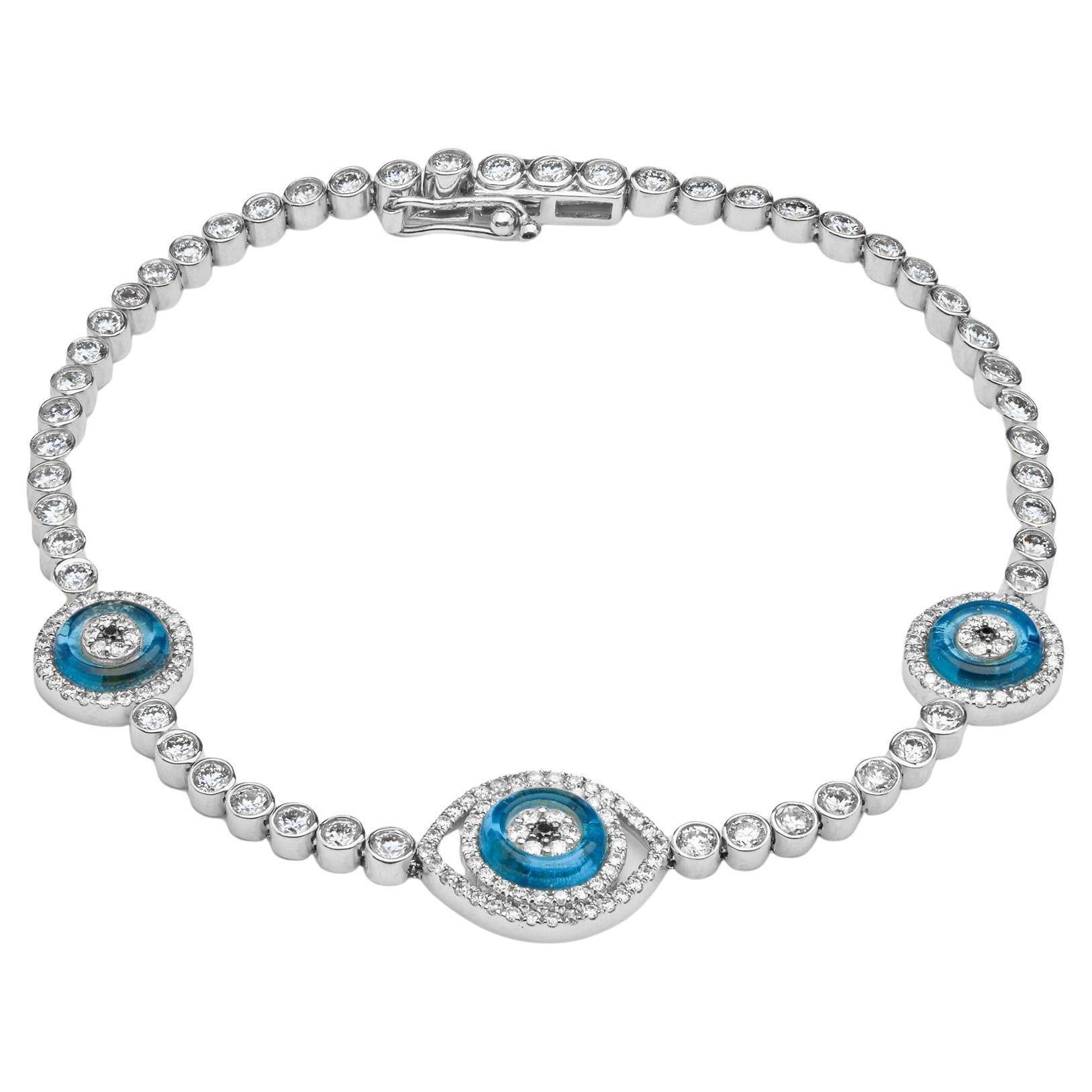 Evil Eye Blue Quartz and Diamond Halo White Gold Bracelet For Sale