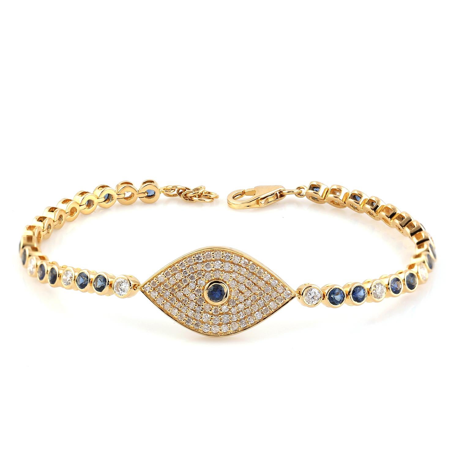 Armband aus 14 Karat Gold mit Evil Eye blauem Saphir und Diamant (Moderne) im Angebot