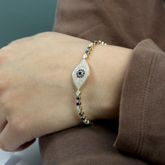 Evil Eye Blue Sapphire & Diamonds Bracelet Made In 14k Yellow Gold