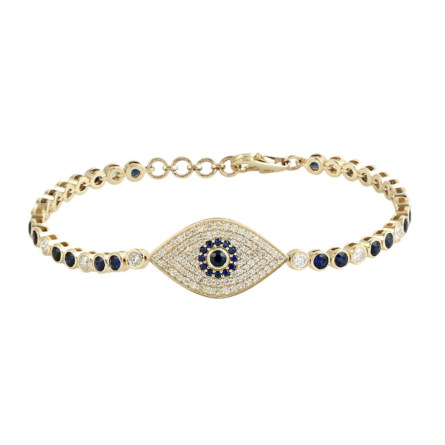 Evil Eye Blue Sapphire & Diamonds Bracelet Made In 14k Yellow Gold (Gemischter Schliff) im Angebot