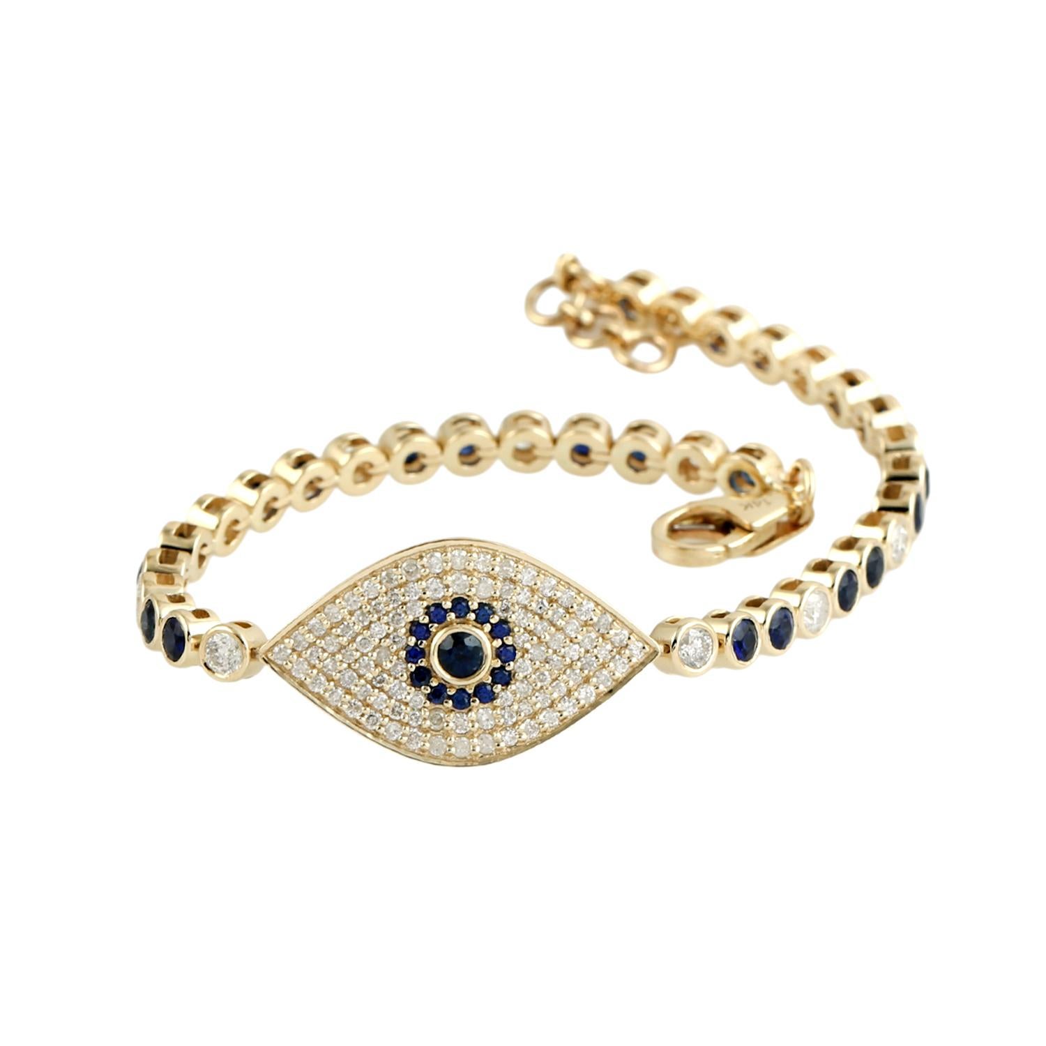 Evil Eye Blue Sapphire & Diamonds Bracelet Made In 14k Yellow Gold im Zustand „Neu“ im Angebot in New York, NY
