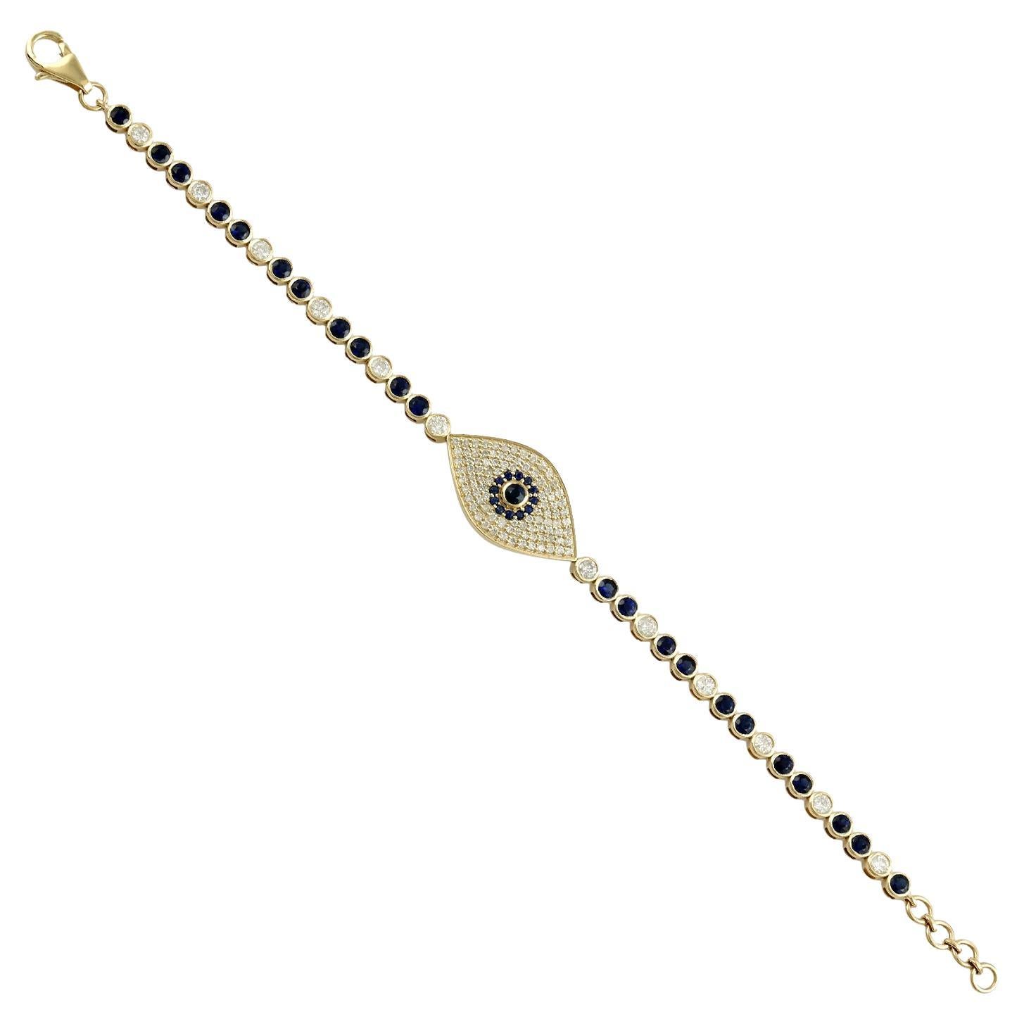 Evil Eye Blue Sapphire & Diamonds Bracelet Made In 14k Yellow Gold