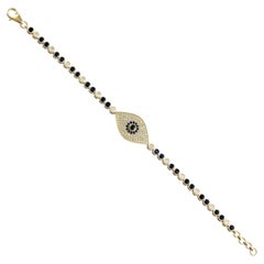Evil Eye Blue Sapphire & Diamonds Bracelet Made In 14k Yellow Gold