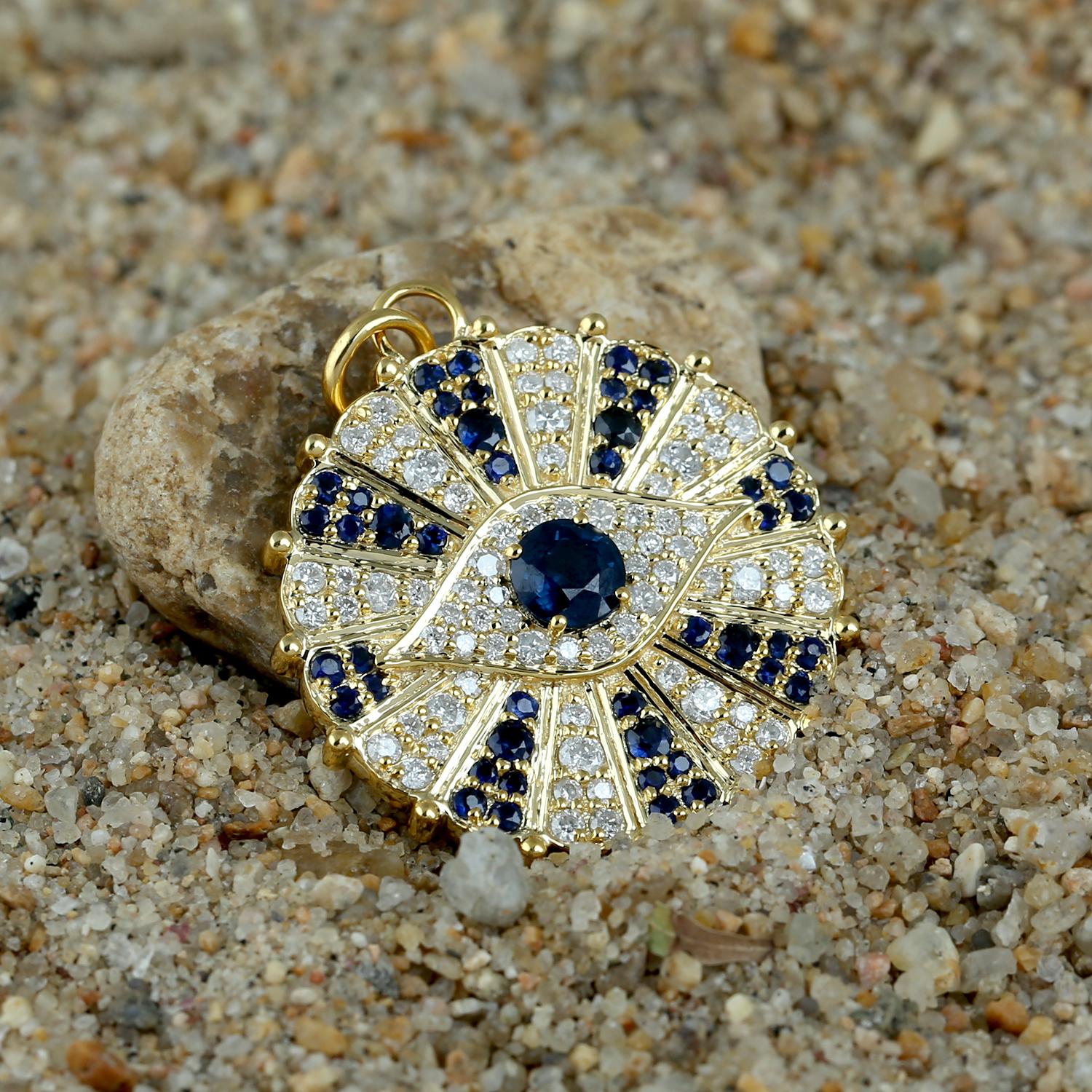 Art déco Pendentif or jaune 14k saphir bleu et diamant pavé Oeil maléfique en vente