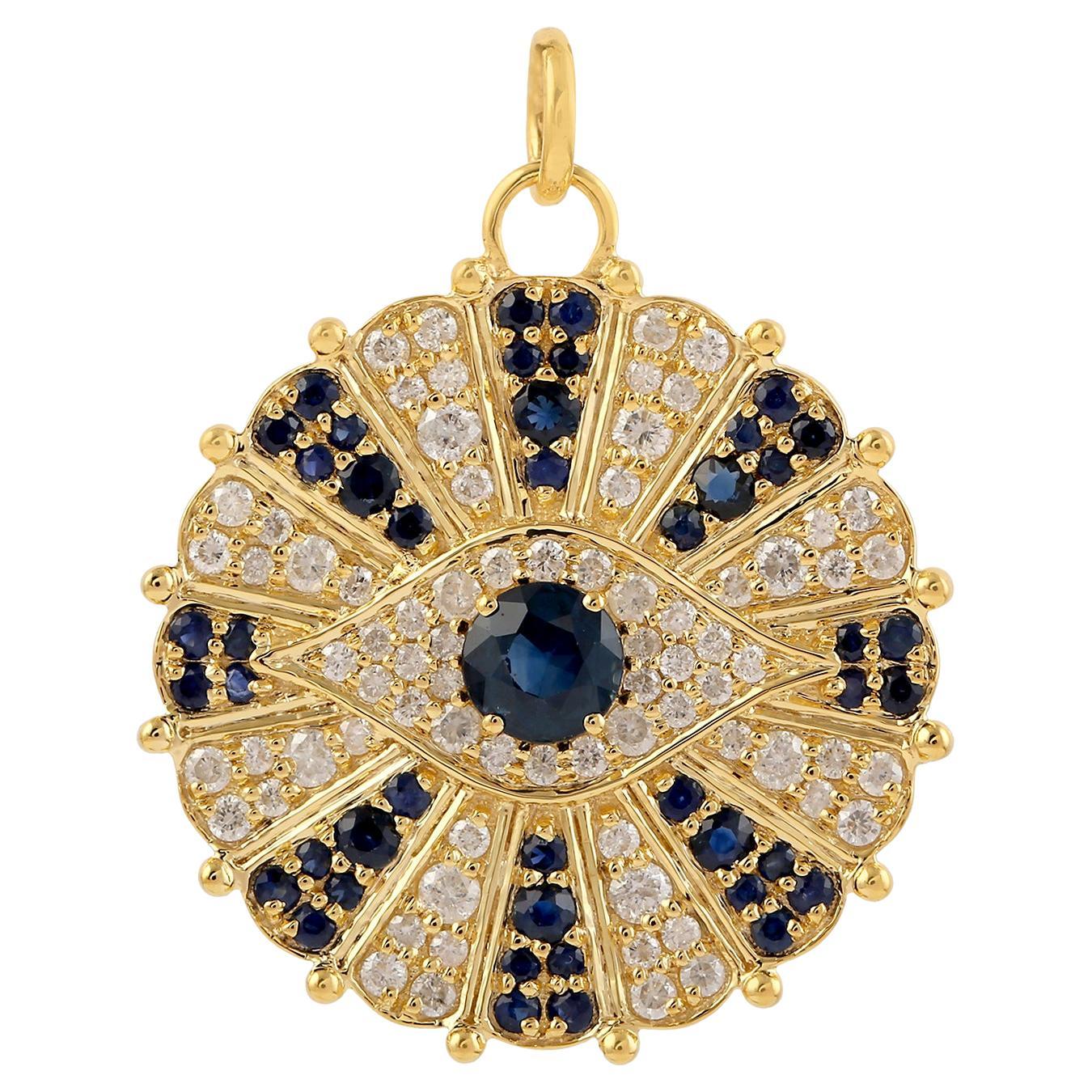 Pendentif or jaune 14k saphir bleu et diamant pavé Oeil maléfique en vente