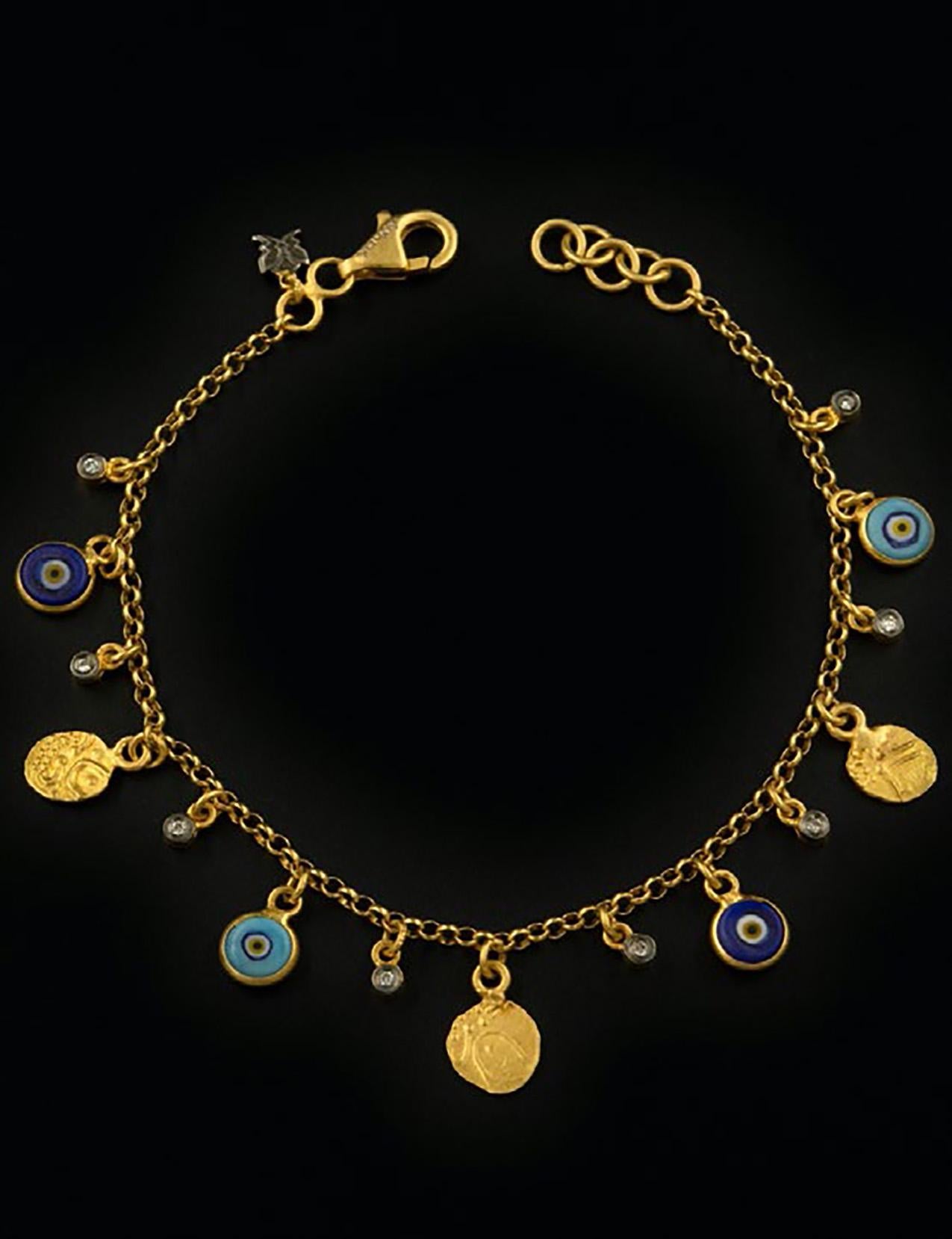 Evil Eye Armband mit Diamanten aus 24 Karat Gold, Silber und Emaille von Kurtulan (Byzantinisch) im Angebot