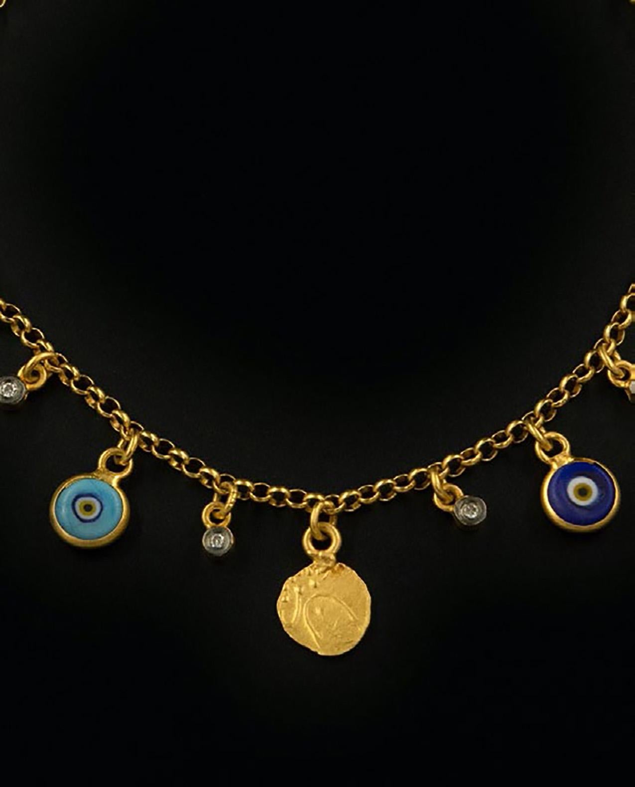 Evil Eye Armband mit Diamanten aus 24 Karat Gold, Silber und Emaille von Kurtulan (Rundschliff) im Angebot