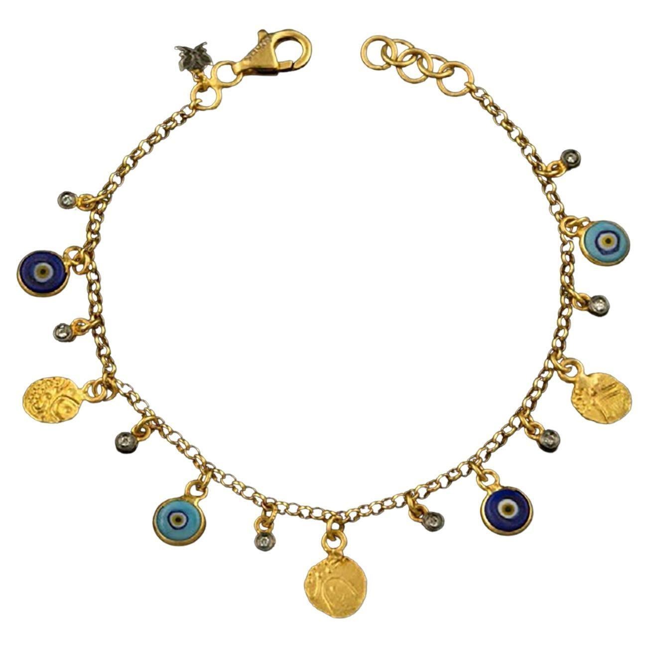 Evil Eye Bracelet w/ Diamonds 24K Gold, Silver & Enamel by Kurtulan In New Condition For Sale In Bozeman, MT