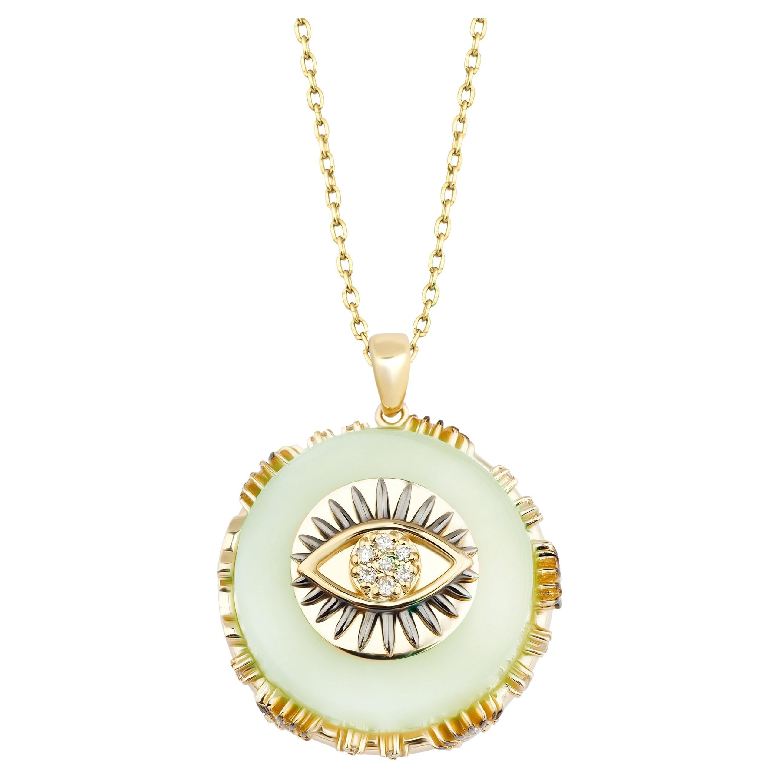 Evil Eye Charm Lime Green Marble Necklace with 14K Yellow Gold - .39ct Diamonds For Sale