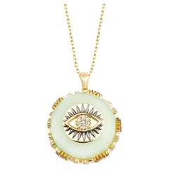 Evil Eye Charm Lime Green Marble Necklace with 14K Yellow Gold - .39ct Diamonds 