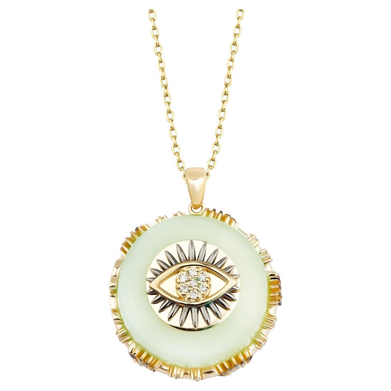 Evil Eye Charm Lime Green Marble Necklace with 14K Yellow Gold .39ct