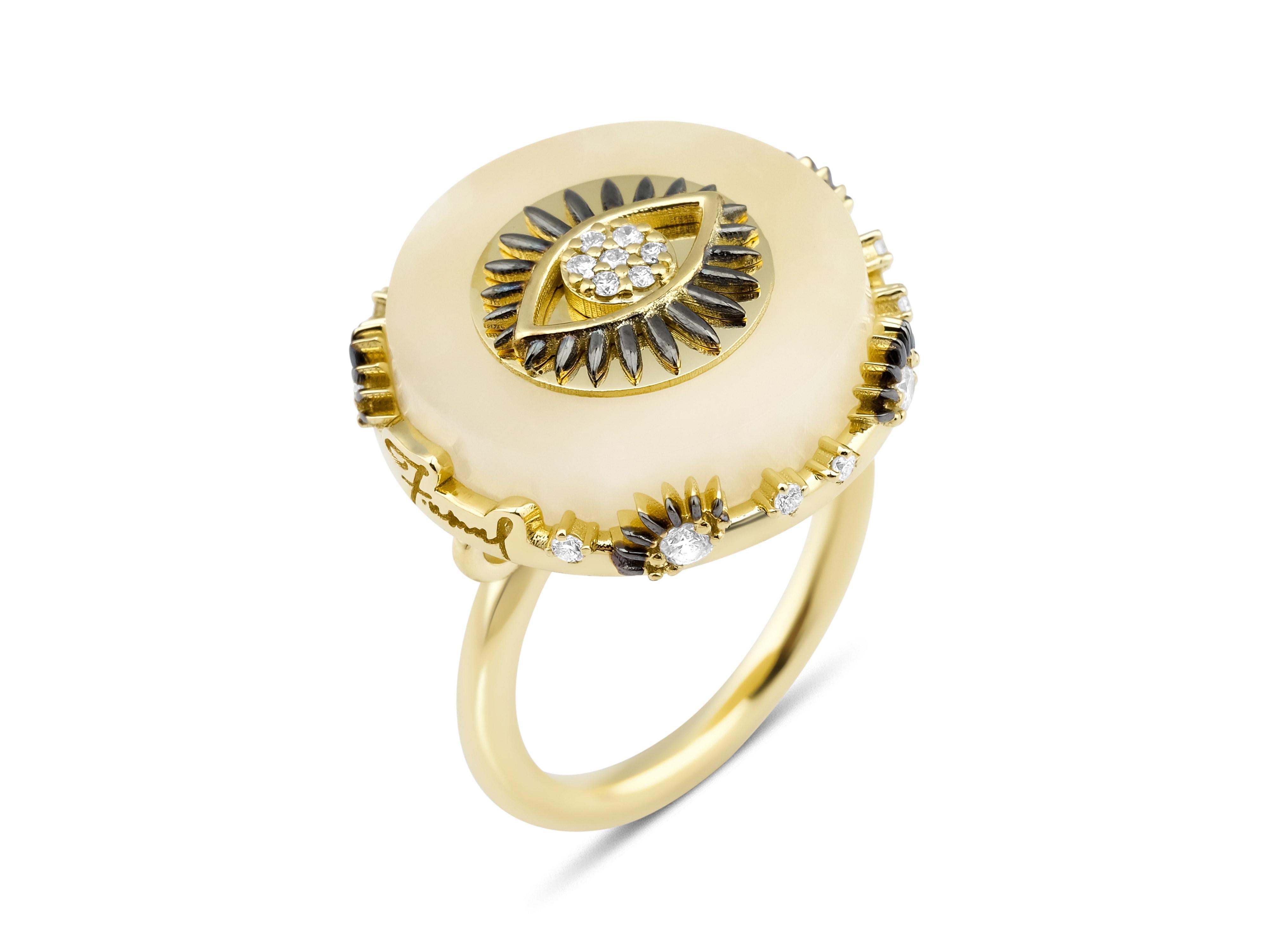 This magnificent evil eye charm marble ring is from our Fumul Marble collection. The ring is 18-carat yellow gold with onyx marble stone. The marble ring weighs 10.11 grams in gold and has round brilliant natural diamonds VS clarity, F color for a