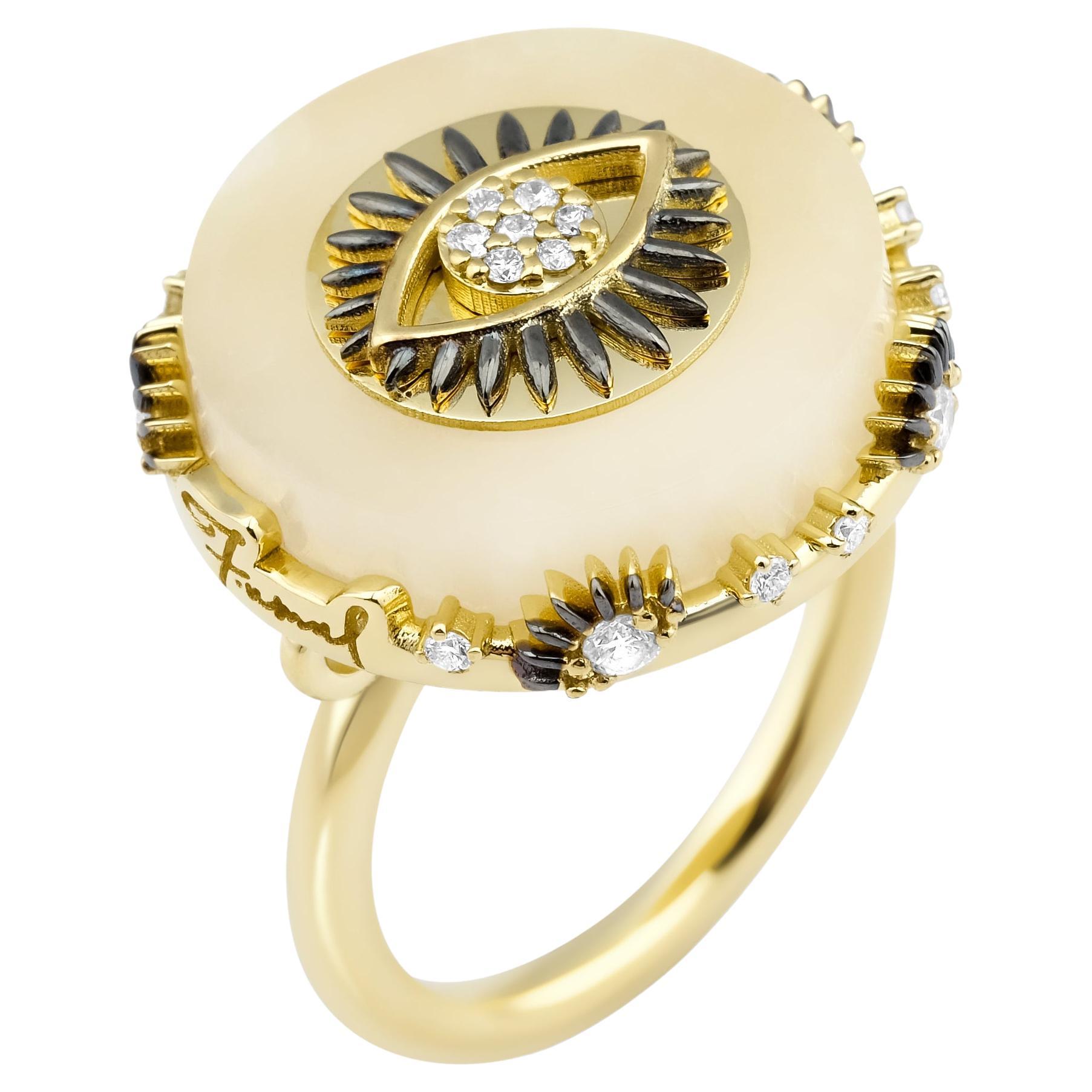 Evil Eye Charm Marble Ring with 18K Yellow Gold and .39ct Diamonds  For Sale