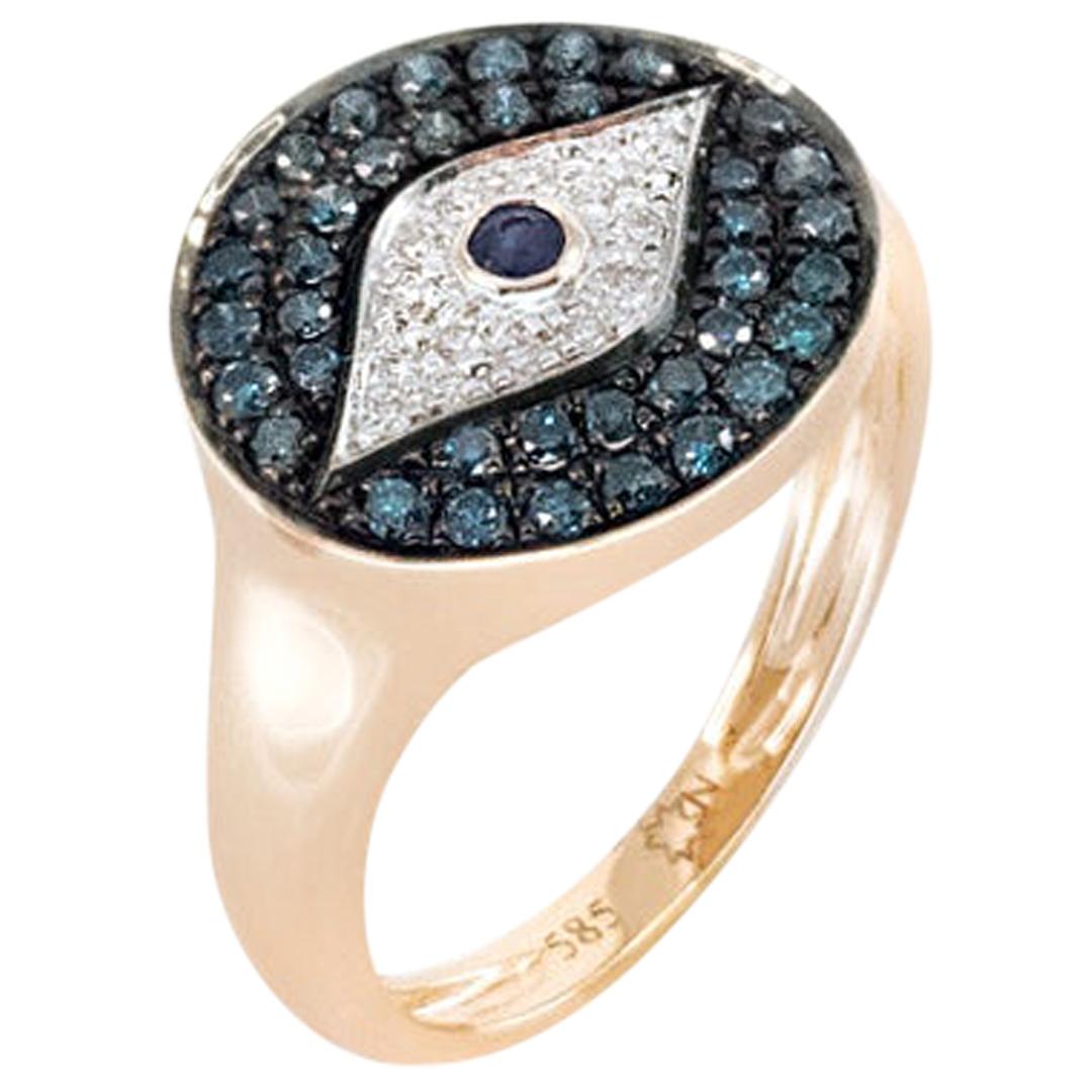 Evil Eye Deep Blue Sapphire 14 Karat Pink Gold Diamond Pinkie Ring for Her