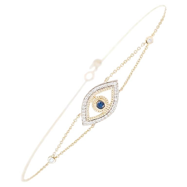 Bracelet en or jaune 14 carats et diamants avec saphir bleu profond Evil Eye pour elle