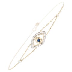 Evil Eye Deep Blue Sapphire 14 Karat Yellow Gold Diamond Bracelet for Her