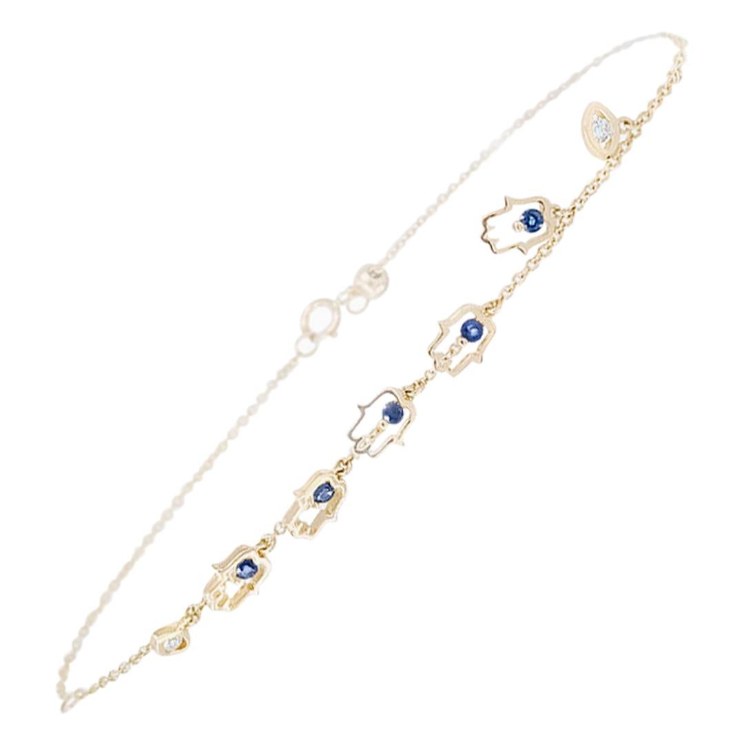 Evil Eye Deep Blue Sapphire 14 Karat Yellow Gold Diamond Bracelet for Her For Sale