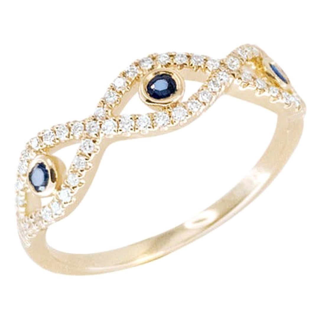Evil Eye Deep Blue Sapphire 14 Karat Yellow Gold Diamond Ring for Her