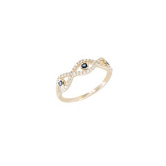Evil Eye Deep Blue Sapphire 14 Karat Yellow Gold Diamond Ring for Her