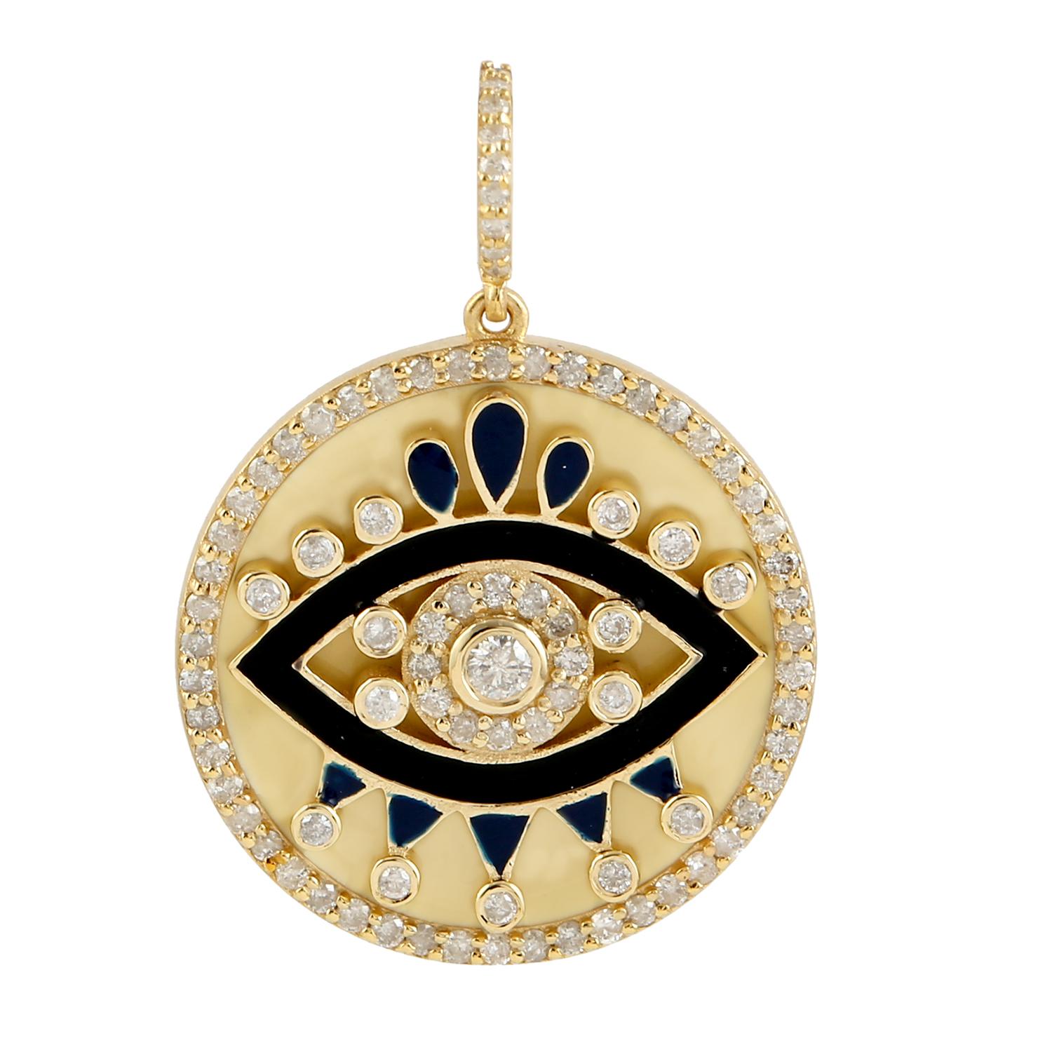 Mixed Cut Evil Eye Diamond 14 Karat Gold Enamel Charm Pendant Necklace For Sale