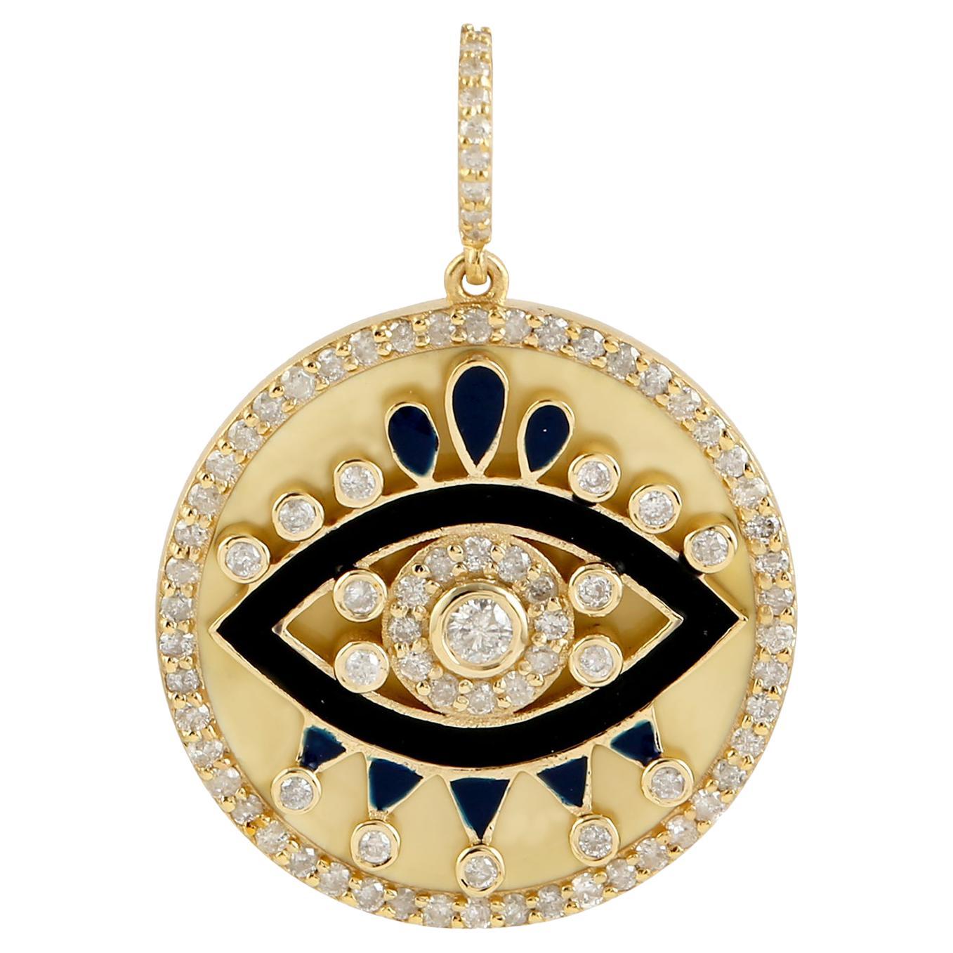 Evil Eye Diamond 14 Karat Gold Enamel Charm Pendant Necklace For Sale