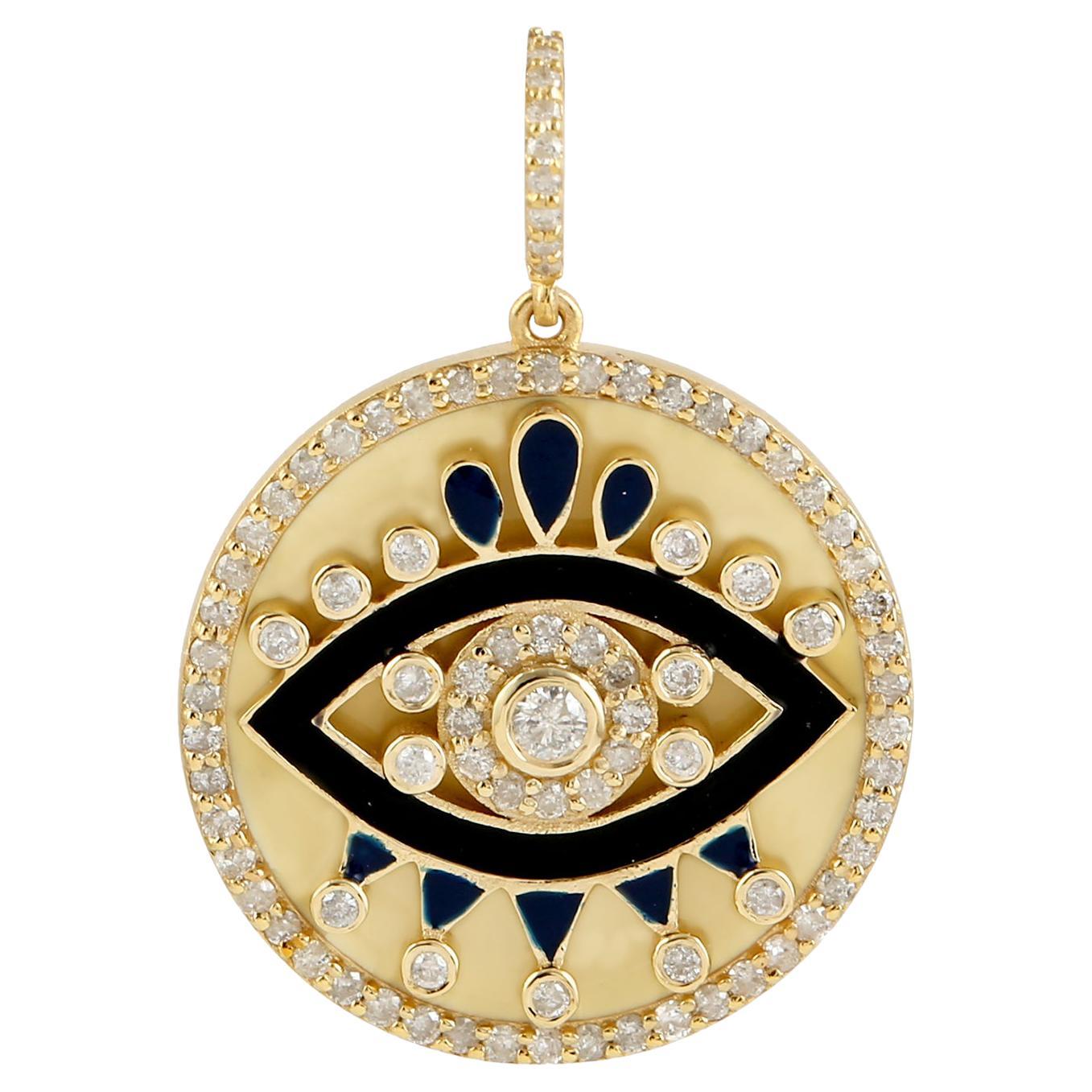 Evil Eye Diamond 14 Karat Gold Enamel Charm Pendant Necklace