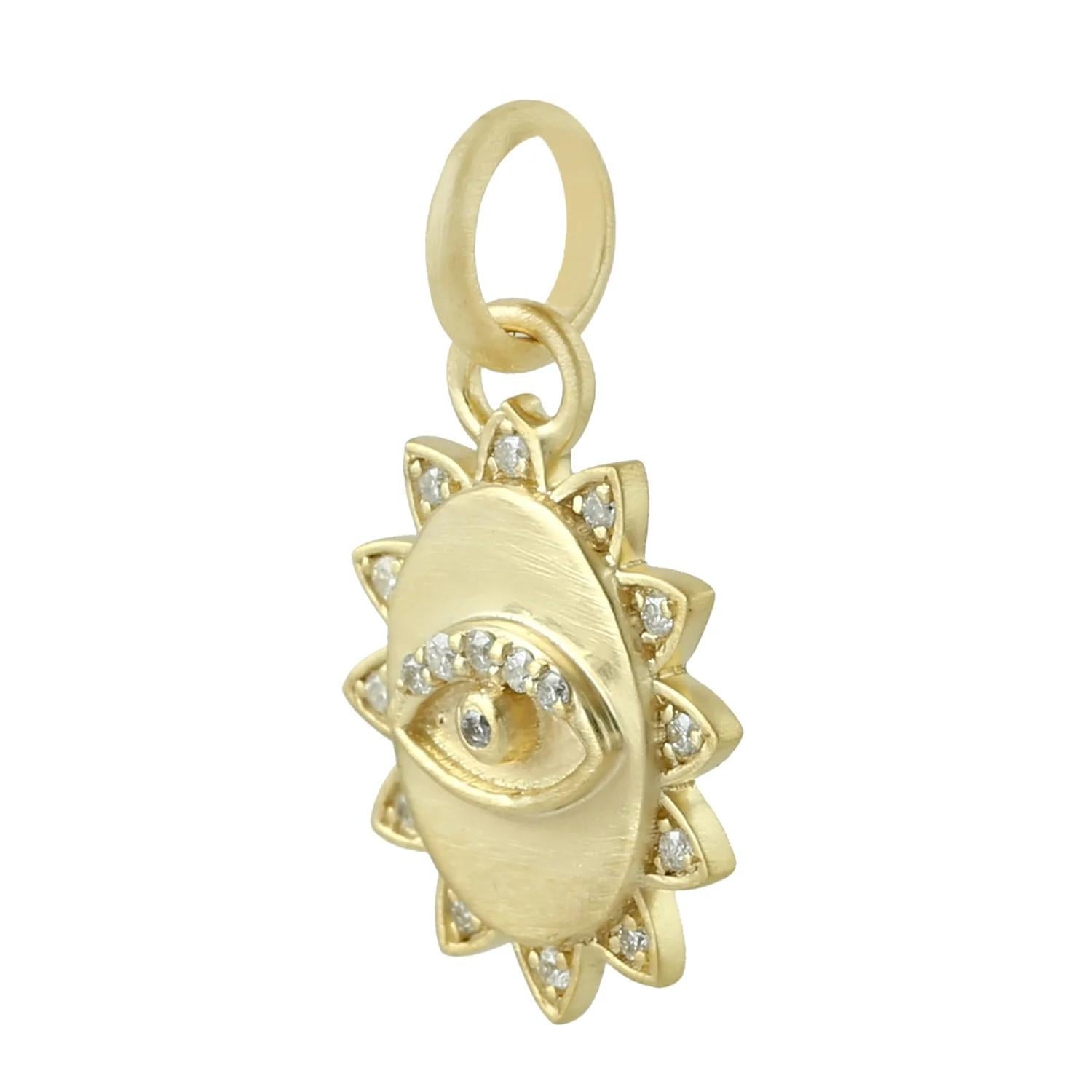 Mixed Cut Evil Eye Diamond 14 Karat Gold Sun Pendant Charm Necklace For Sale