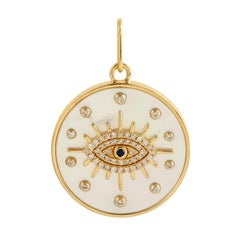 Evil Eye Diamond 14 Karat Gold White Enamel Charm Pendant Medallion Necklace
