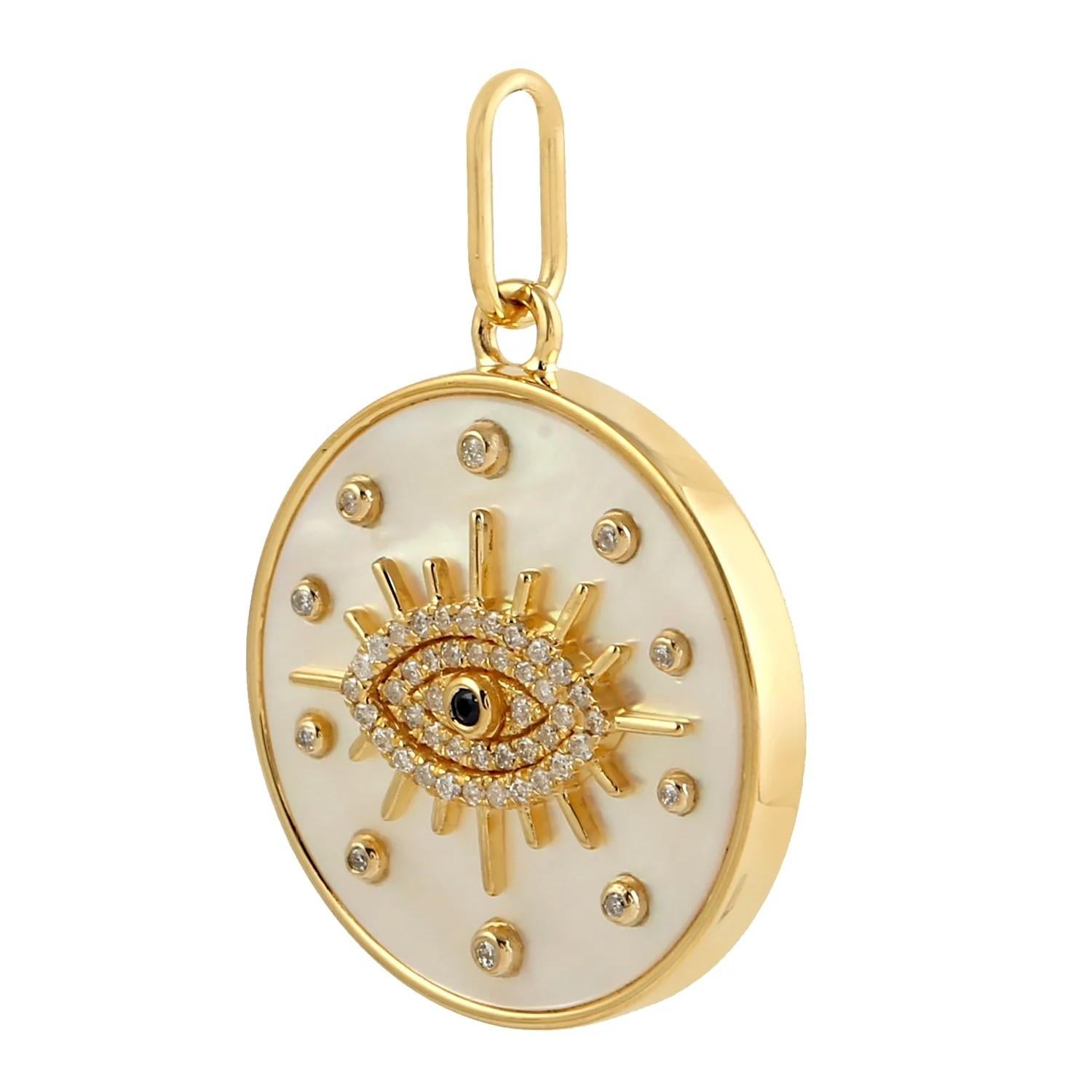 Mixed Cut Evil Eye Diamond 14 Karat Gold White Enamel Charm Pendant Medallion Necklace  For Sale