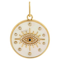 Evil Eye Diamond 14 Karat Gold White Enamel Charm Pendant Medallion Necklace 