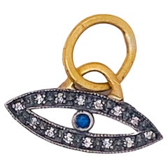 Evil Eye Diamond and Sapphire Pendant Charm in Sterling Silver and 24 Karat Gold