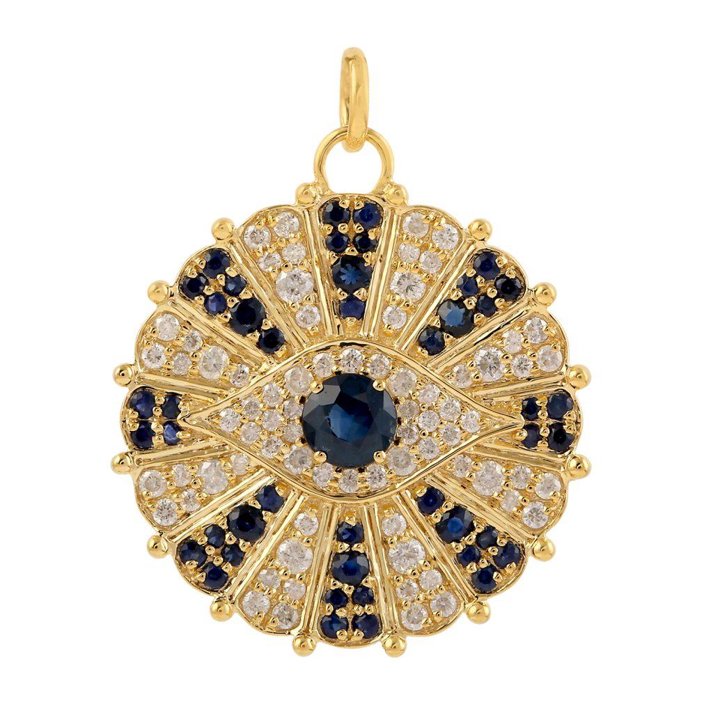 Moderne Collier pendentif breloque Evil Eye en or 14 carats avec diamants et saphirs bleus en vente