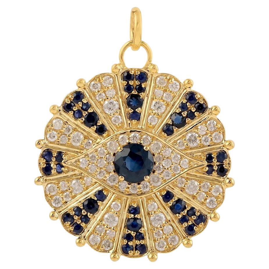 Halskette mit Evil Eye Diamant Blauer Saphir 14 Karat Gold Charm-Anhänger