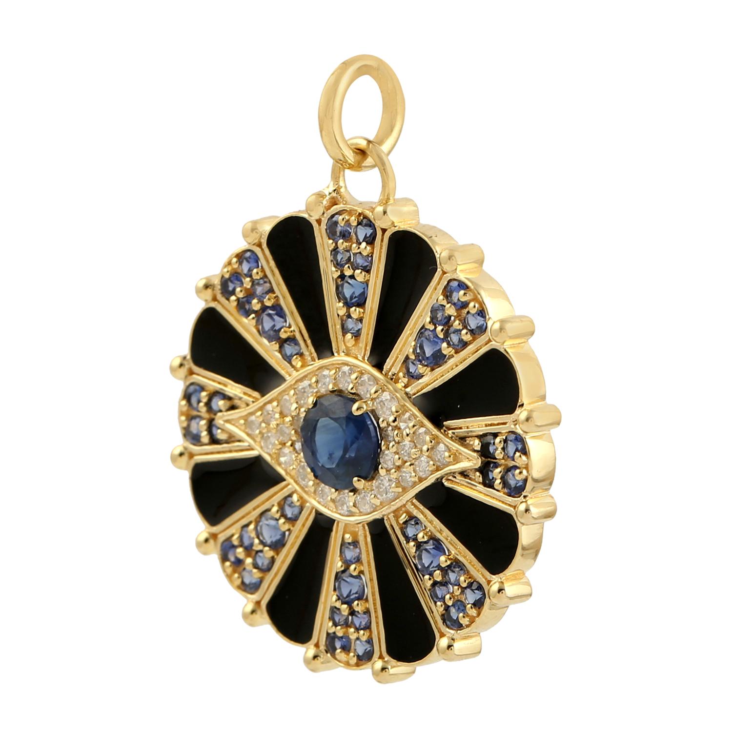 The 14 karat gold pendant is hand set with 1.4 carats blue sapphire and .27 carats sparkling diamonds. 

FOLLOW MEGHNA JEWELS storefront to view the latest collection & exclusive pieces. Meghna Jewels is proudly rated as a Top Seller on 1stdibs with