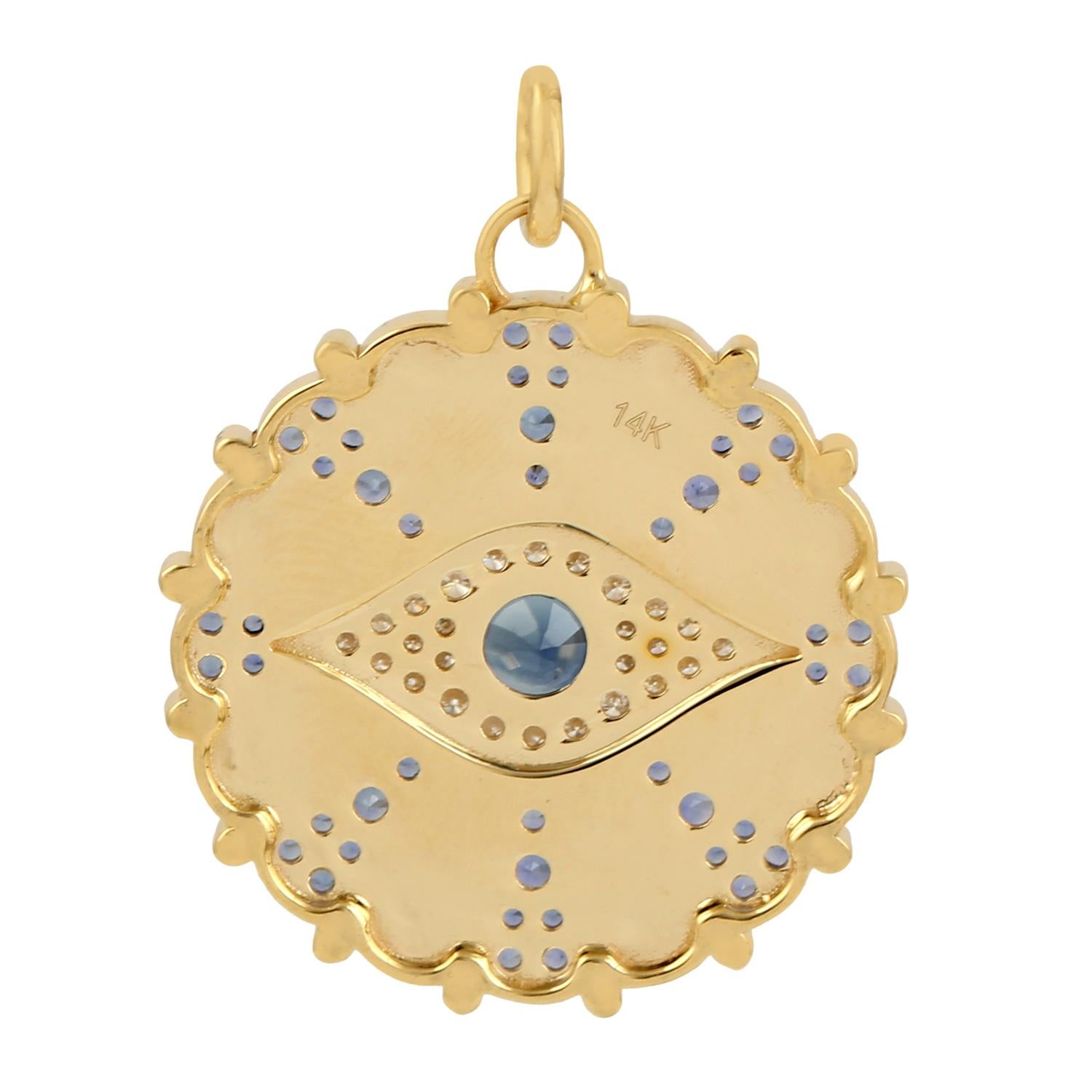 Modern Evil Eye Diamond Blue Sapphire 14 Karat Gold Enamel Charm Pendant Necklace For Sale