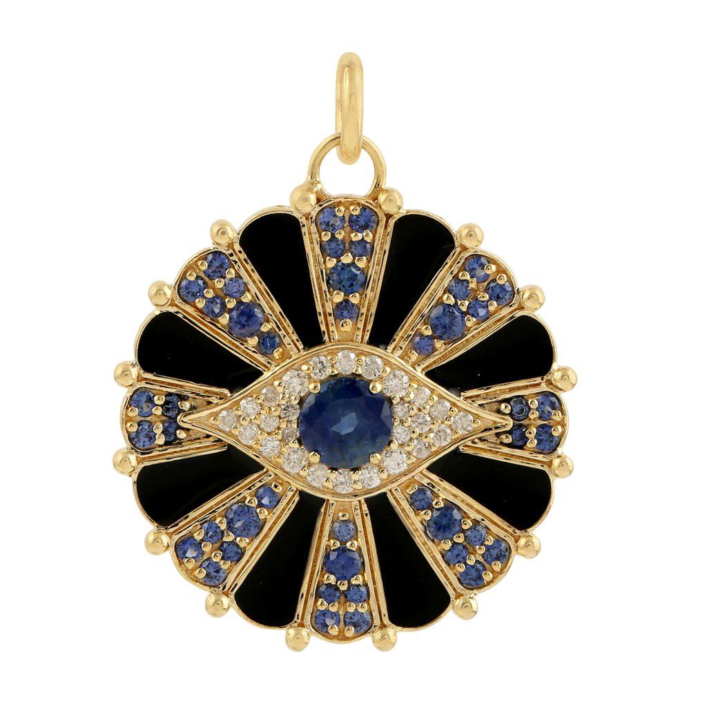 Mixed Cut Evil Eye Diamond Blue Sapphire 14 Karat Gold Enamel Charm Pendant Necklace For Sale