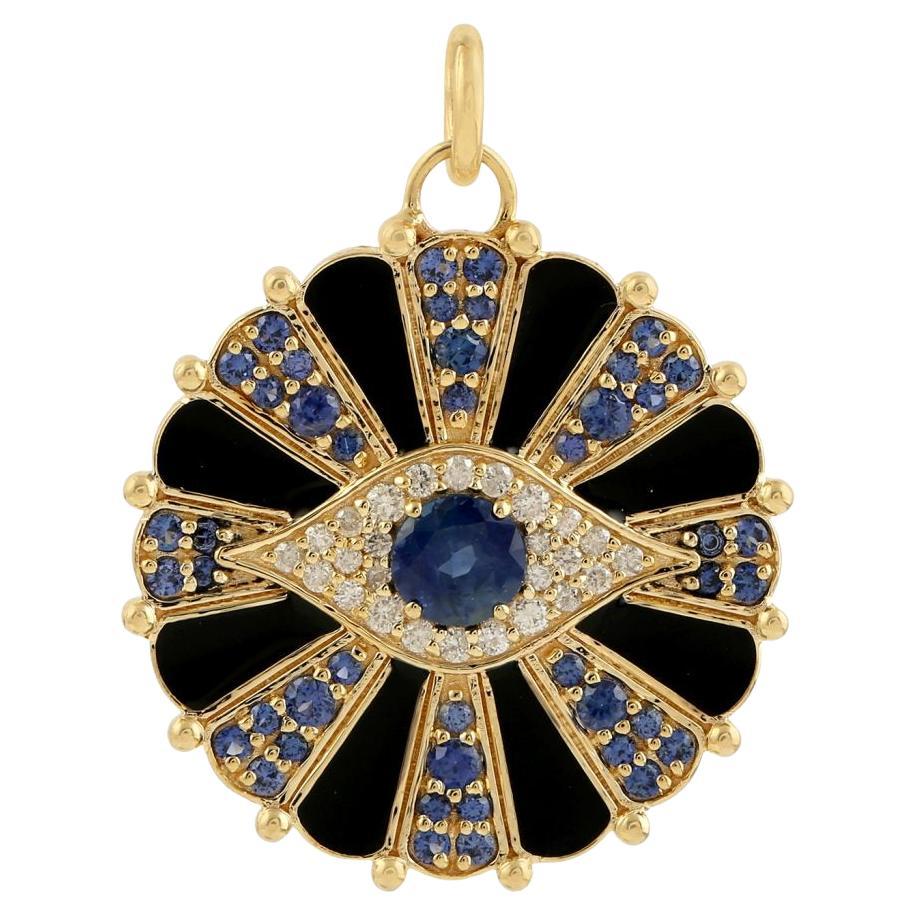 Collier pendentif à breloques en or 14 carats avec diamant, saphir bleu et mauvais oeil