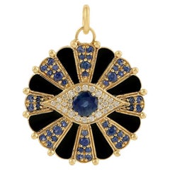 Collier pendentif à breloques en or 14 carats avec diamant, saphir bleu et mauvais oeil