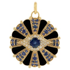 Evil Eye Diamond Blue Sapphire 14 Karat Gold Enamel Charm Pendant Necklace